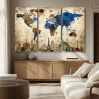 World Map Canvas Print | Vintage Blue and Gold World Map Wall Art