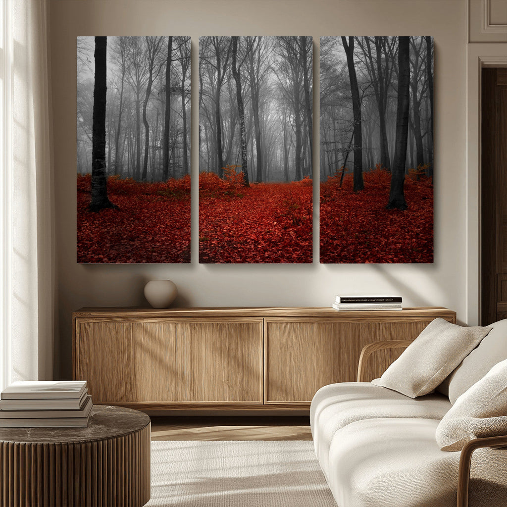 Red Forest Floor Canvas Wall Art | Mystical Foggy Woodland Triptych