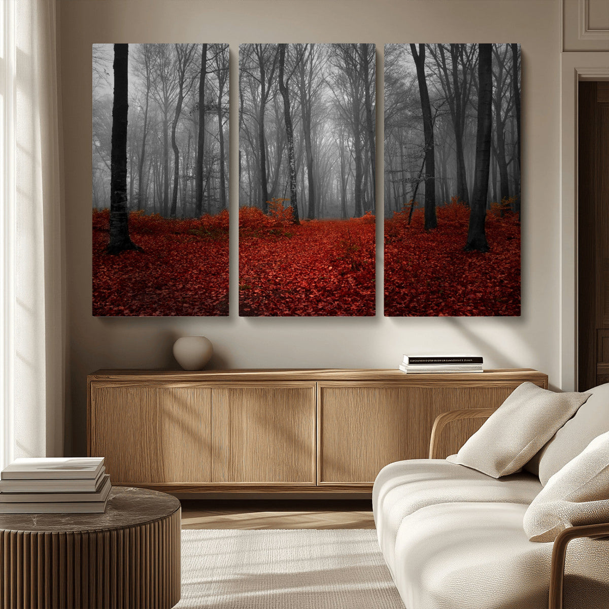 Red Forest Floor Canvas Wall Art | Mystical Foggy Woodland Triptych