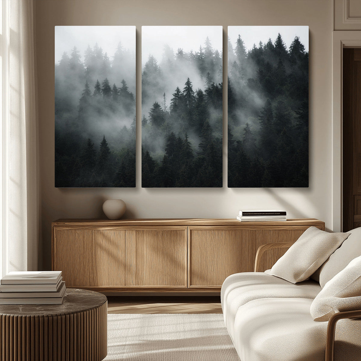 Foggy Forest Wall Art Canvas Print | 3 Panel Large Misty Landscape