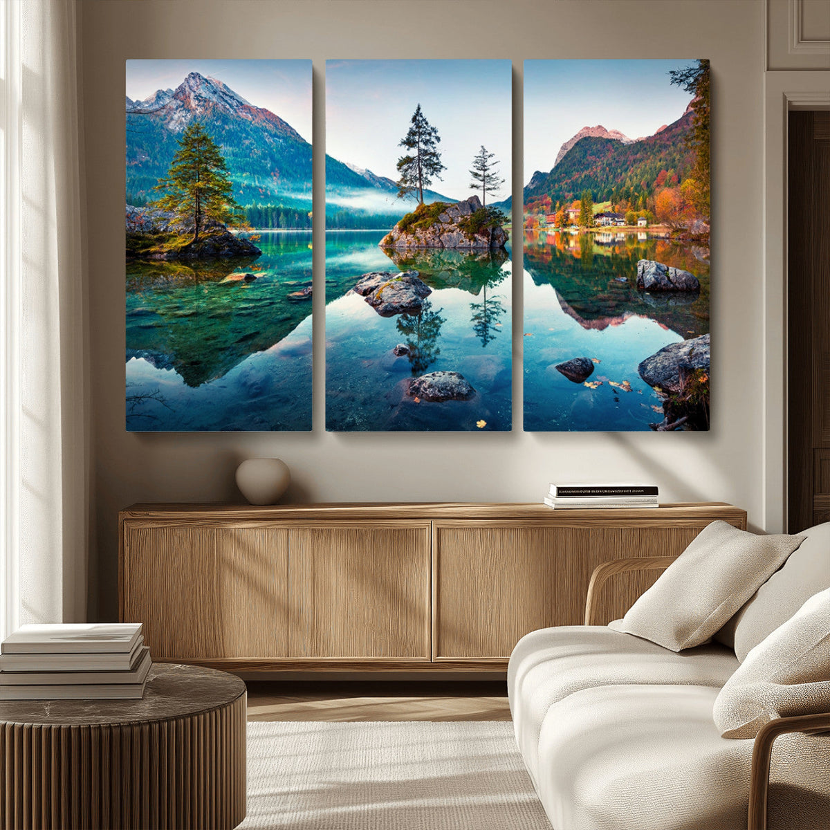 Crystal Clear Lake Wall Art | Mountains Wall Art Canvas | 3 Panel Landscape