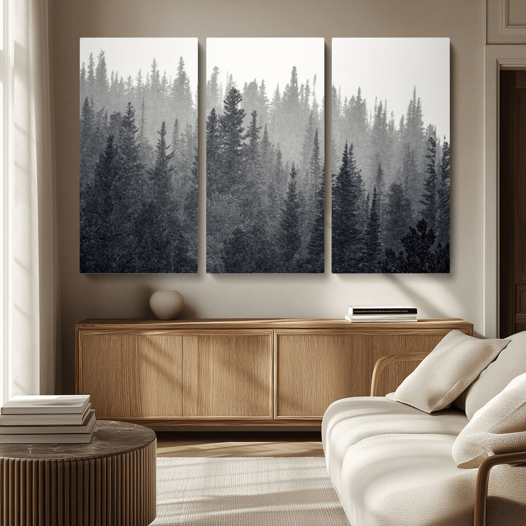 Misty Forest Canvas Wall Art | Monochrome Triptych Pine Tree Print