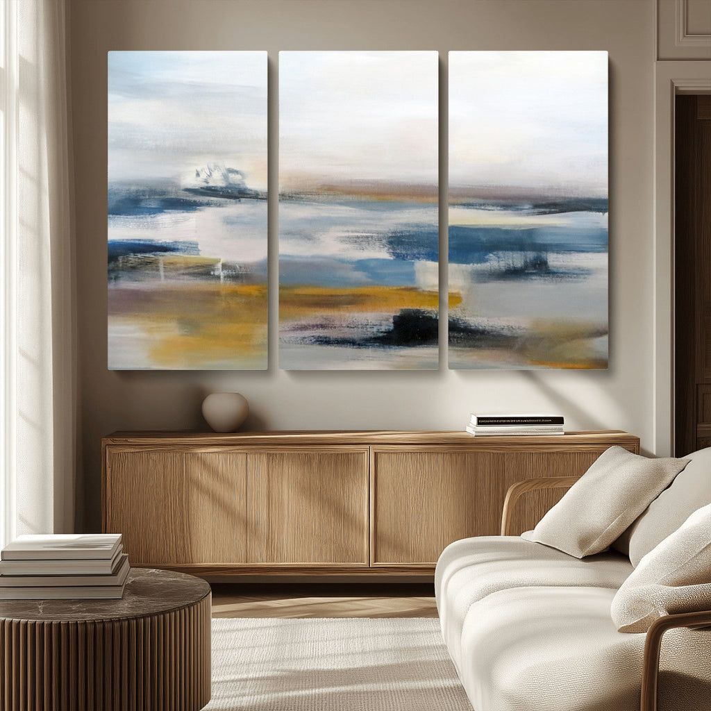 Abstract Landscape Wall Art Canvas | 3 Panel Modern Blue, Gold and White Canvas Art