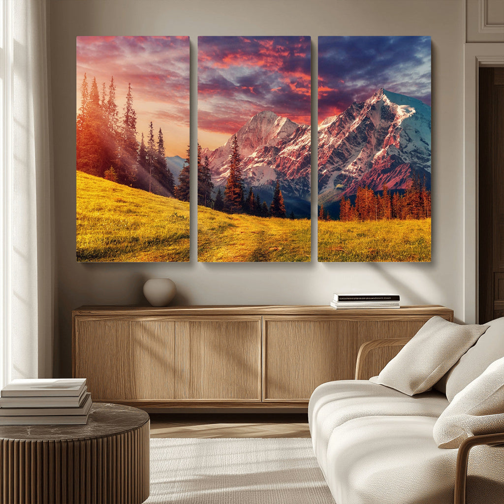 Mountain and Daylight Red Sunset Wall Art Canvas Print