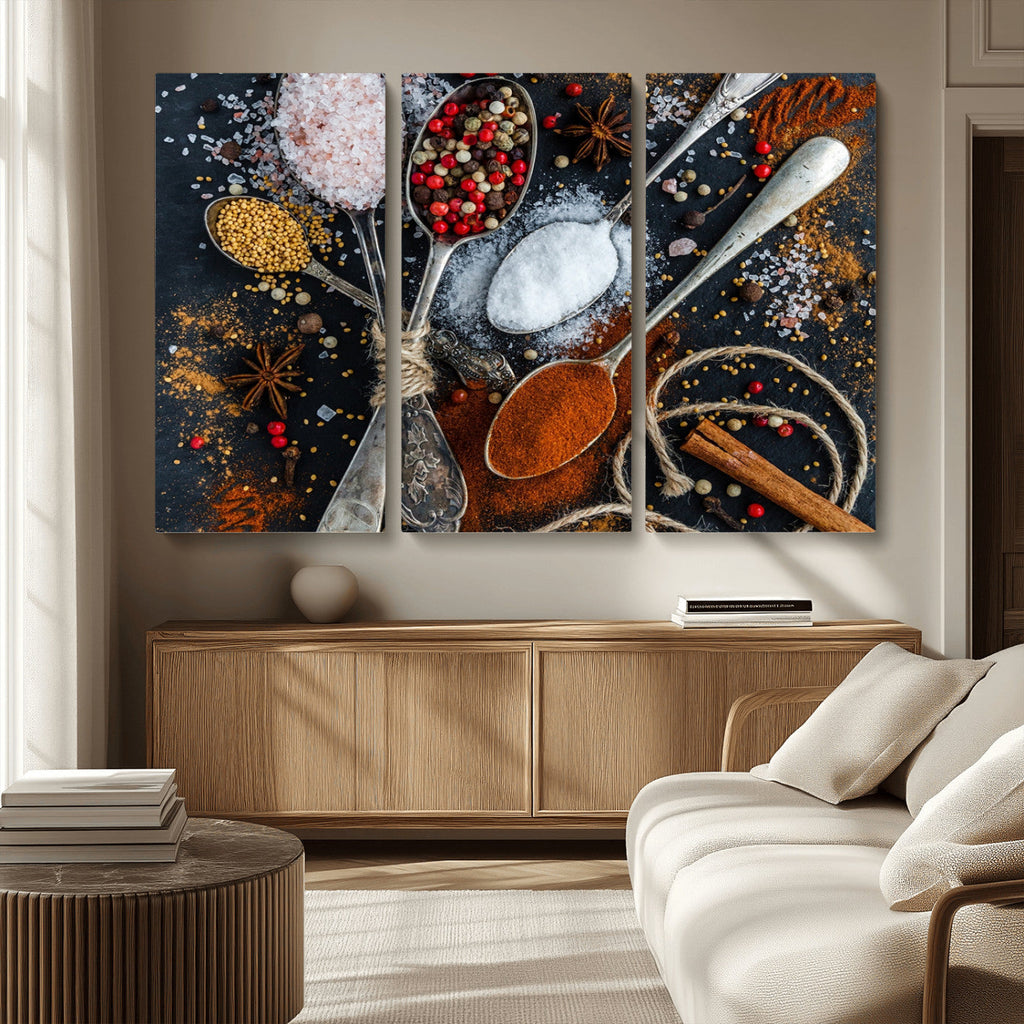 Spices and Seasonings Canvas Wall Art | Colorful Triptych Kitchen Decor