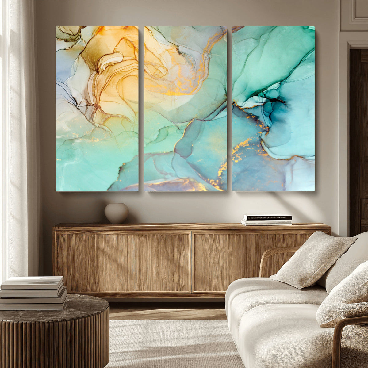 Abstract Aqua and Gold Fluid Wall Art Canvas | 3 Panel Large Canvas Print
