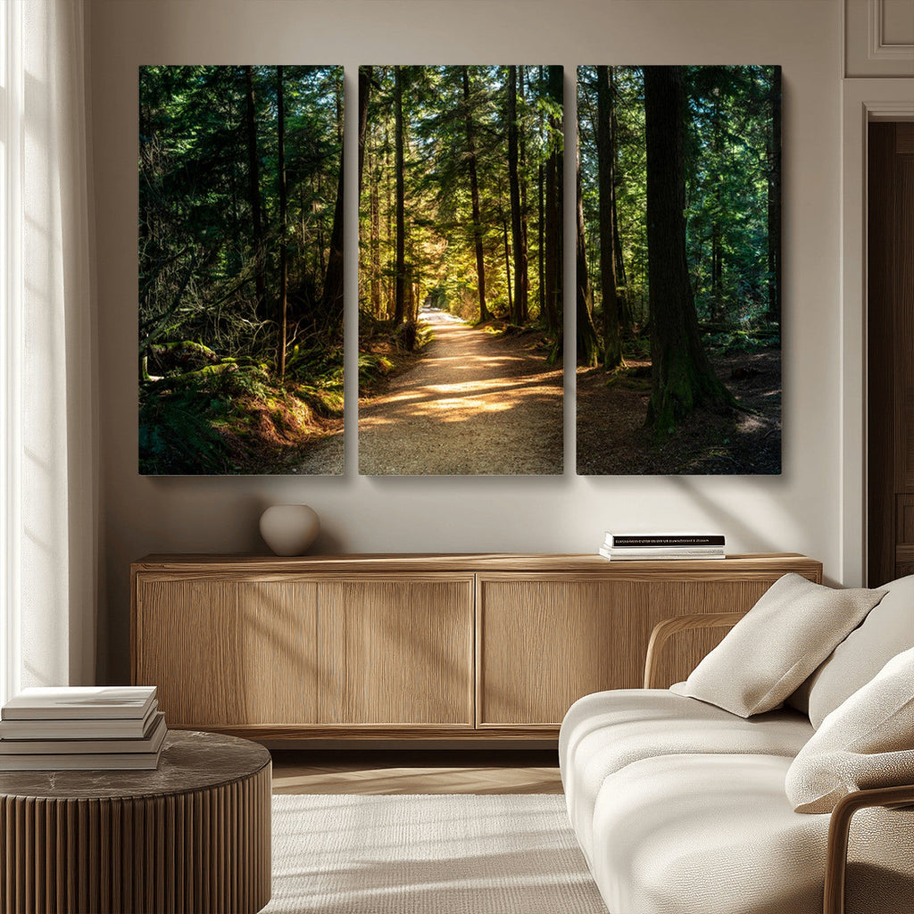 Sunlit Forest Pathway Canvas Print | 3 Panel Large Nature Wall Art