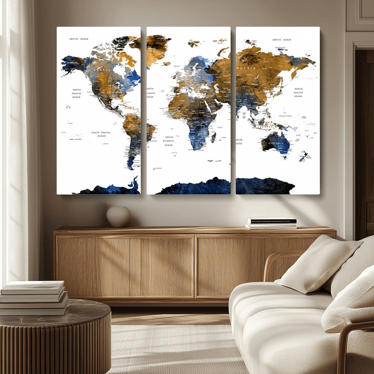 Modern Abstract World Map Canvas Wall Art | Framed Blue and Gold Map Print