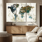 Vintage World Map Wall Art Canvas Print, Framed Rustic Earth Tone Map