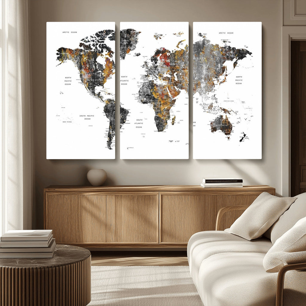 Modern Metallic World Map Canvas Wall Art | Framed Contemporary World Map Print