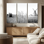 Vintage Farmhouse Black and White Triptych Wall Art, Giclee Canvas with Wheat Fields, Hay Bales and Windmill