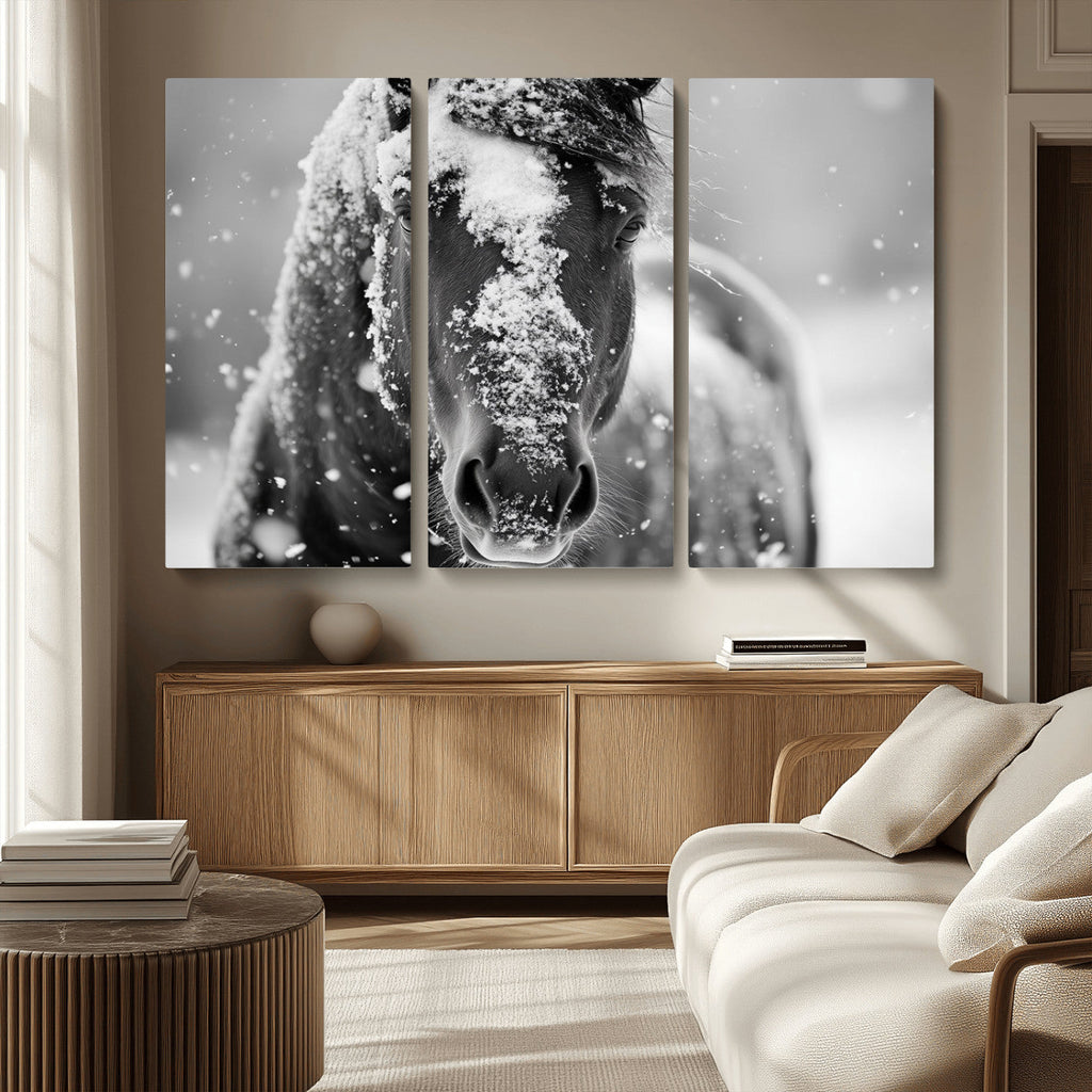 Black and White Horse Winter Wall Art, Ready to Hang