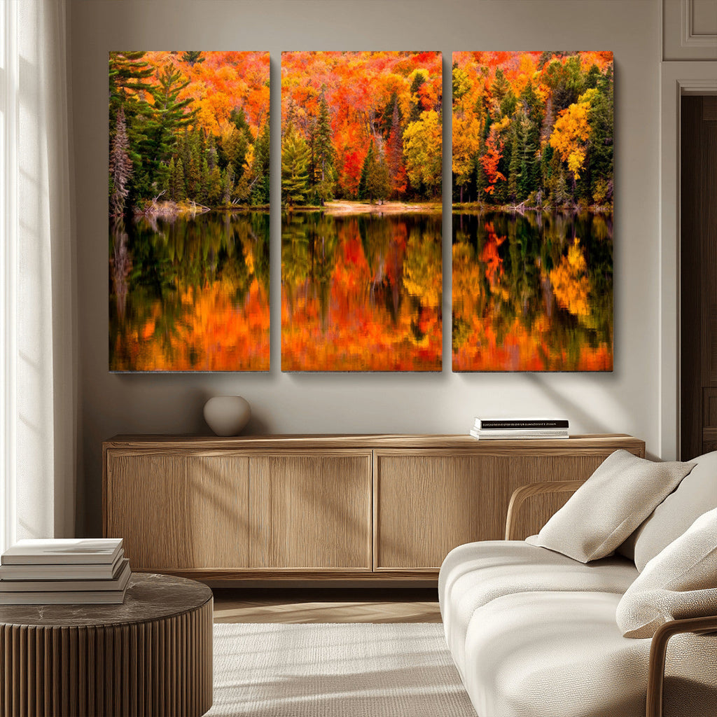 Forest Reflection Art | Autumn Forest Reflection Wall Art | Triptych Canvas Print