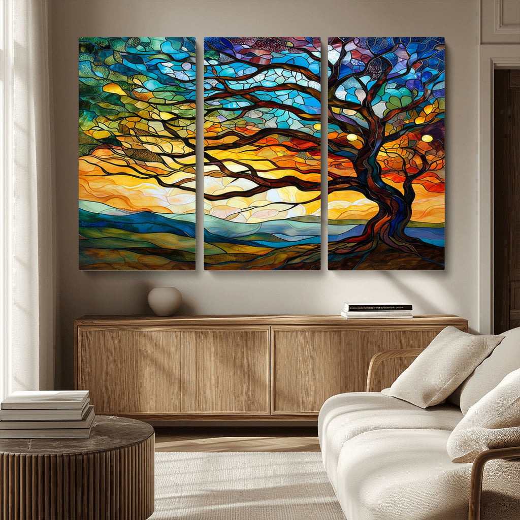 Vibrant Mosaic Tree of Life Wall Art, Stained Glass Style Canvas Print