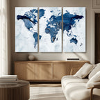 Modern Blue World Map Canvas Print | Elegant Travel Map Wall Art for Home Office