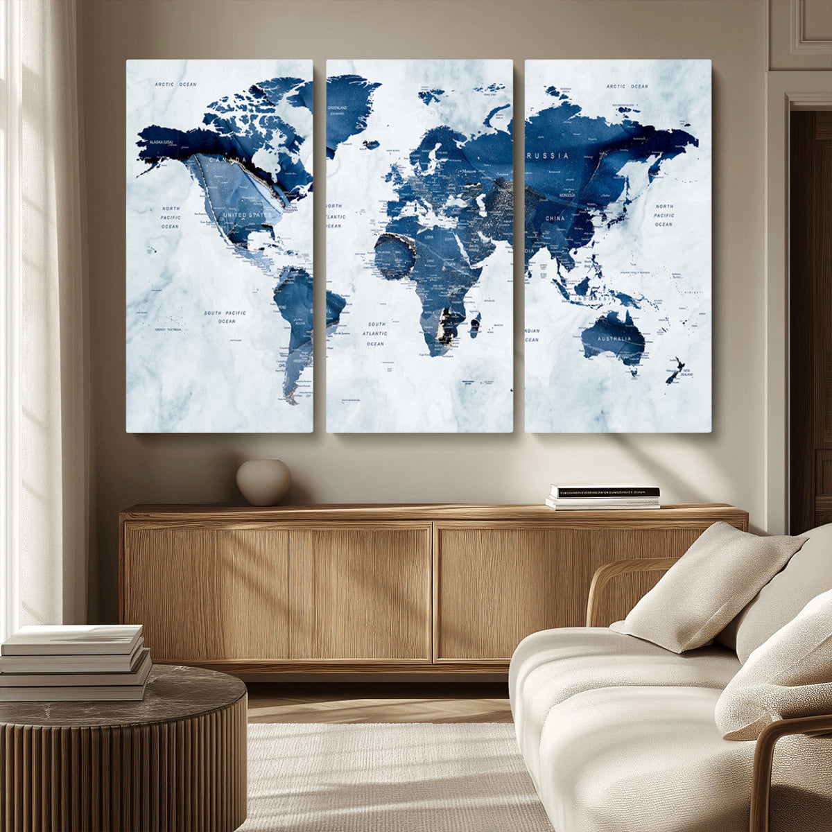 Modern Blue World Map Canvas Print | Elegant Travel Map Wall Art for Home Office