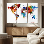 Colorful World Map Canvas Wall Art Print, Contemporary Global Map Artwork