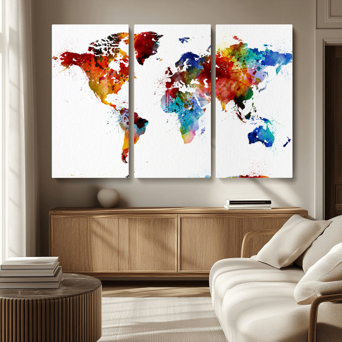 Colorful World Map Canvas Wall Art Print, Contemporary Global Map Artwork
