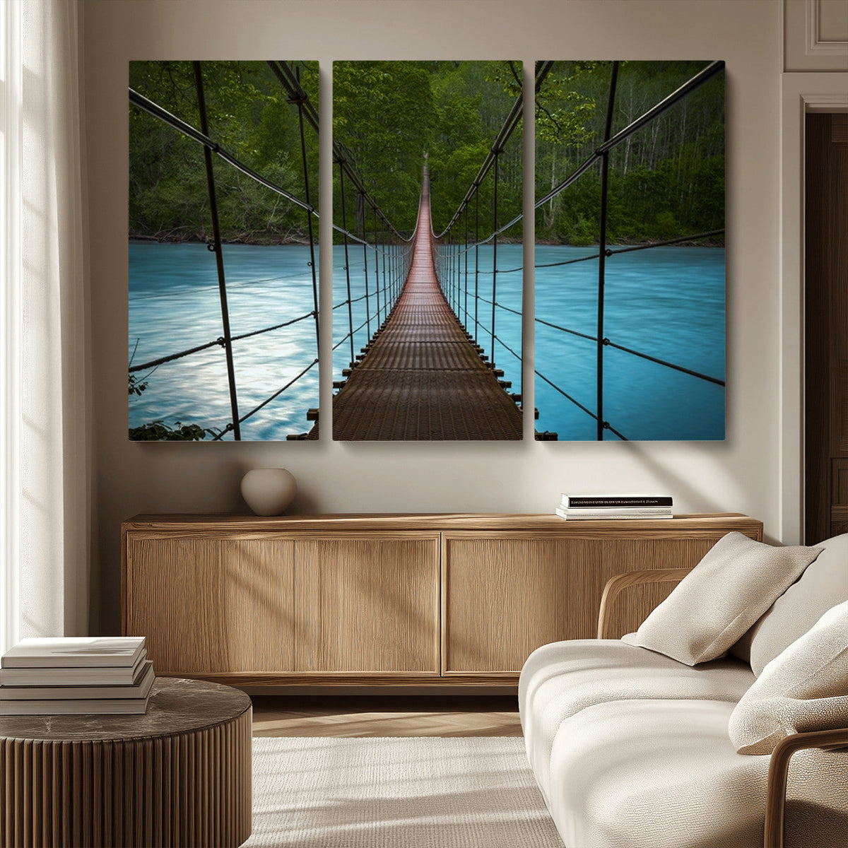 Suspension Bridge Over River Canvas Art | 3-Panel Nature Wall Art