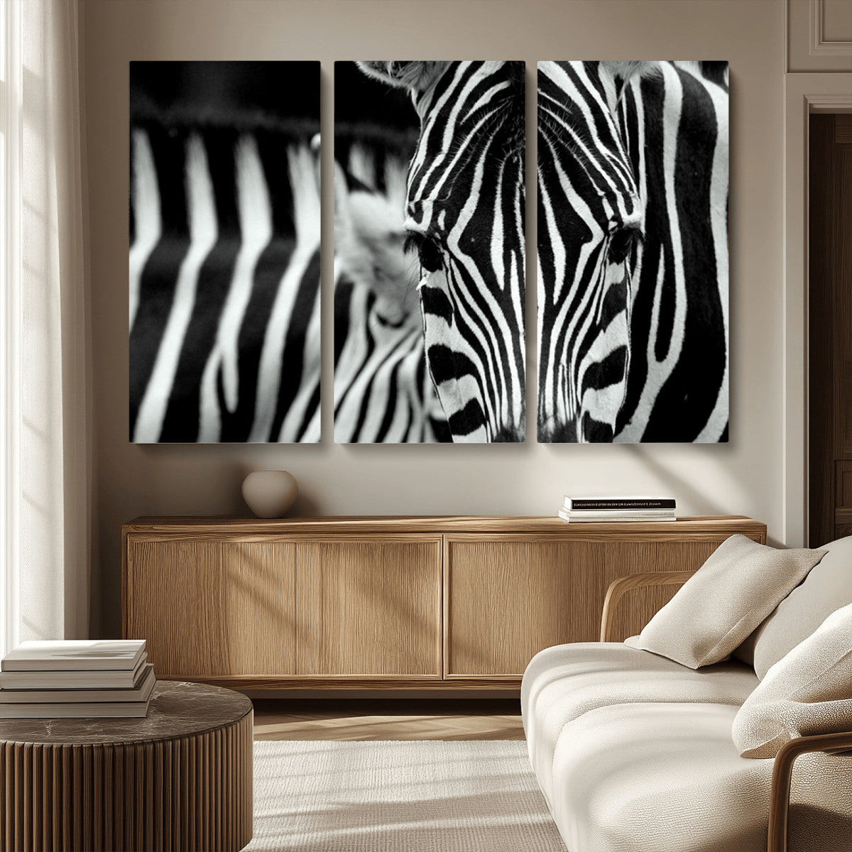 Zebra Wall Art | Zebra Close Up Canvas Print | Framed Black and White Wildlife