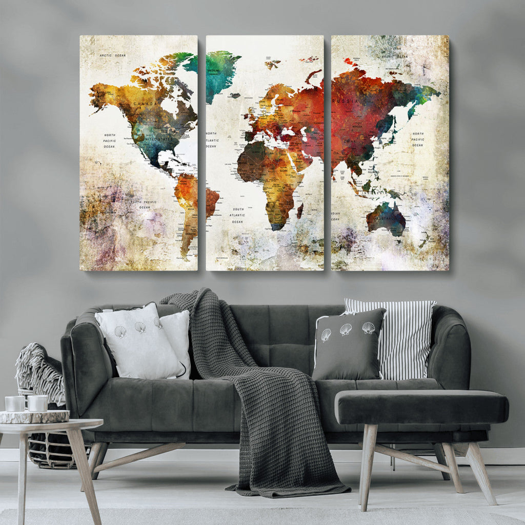 Watercolor World Map Canvas Print | Framed Travel Map Wall Art for Couples
