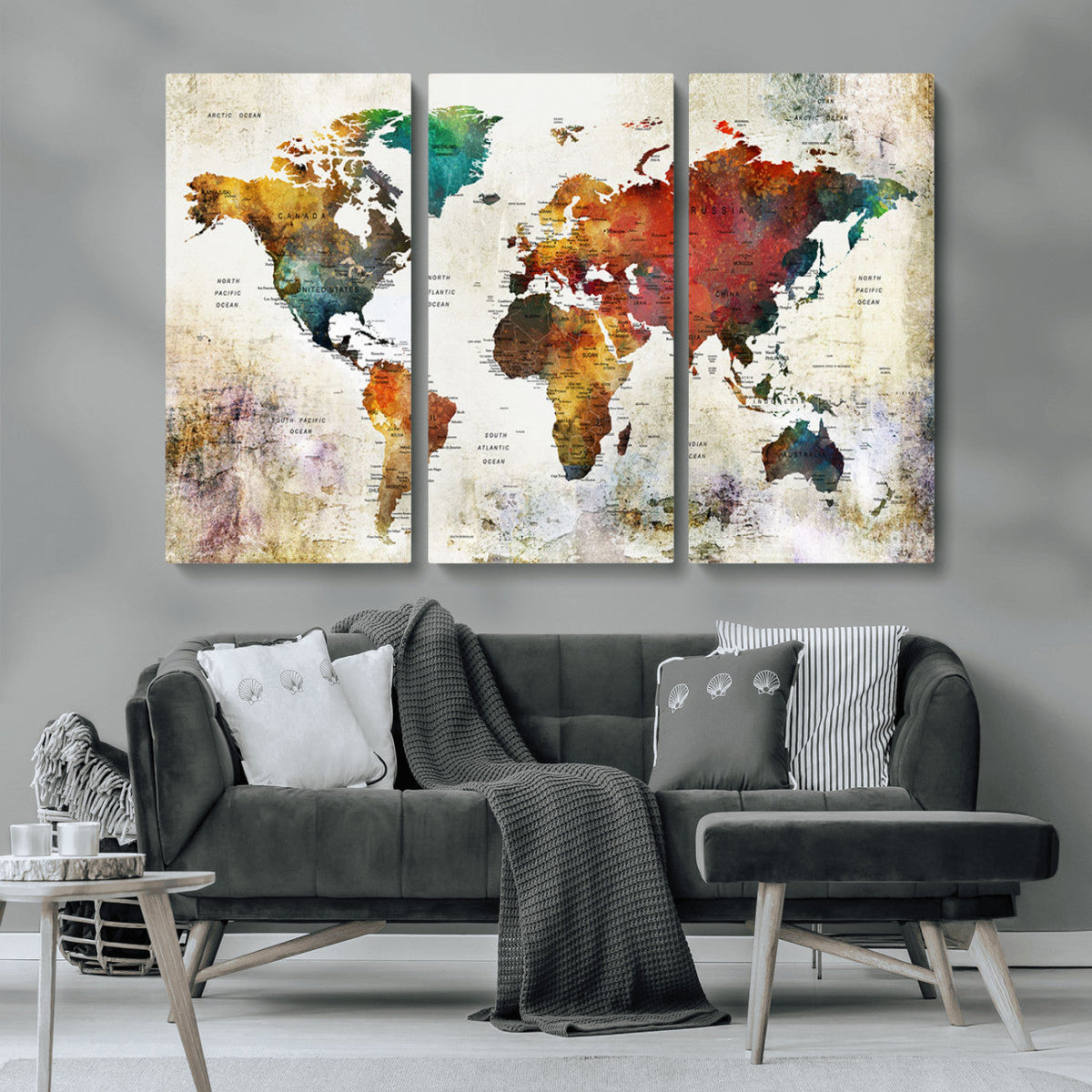 Watercolor World Map Canvas Print | Framed Travel Map Wall Art for Couples