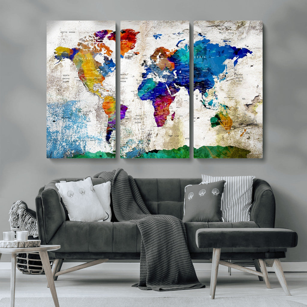 Navy Blue and Orange Watercolor World Map Canvas Print | Framed Travel Map