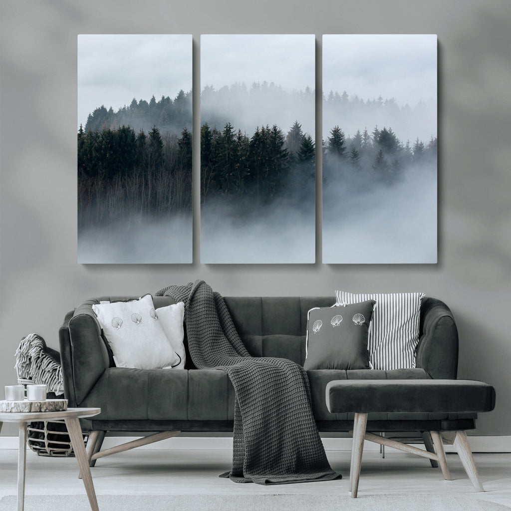Autumn and Misty Trees in the Forest Wall Art Canvas Print, Foggy Forest Mountain Wall Art