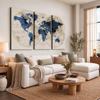 Vintage Blue World Map Canvas Wall Art | Antique Style Framed Map Print