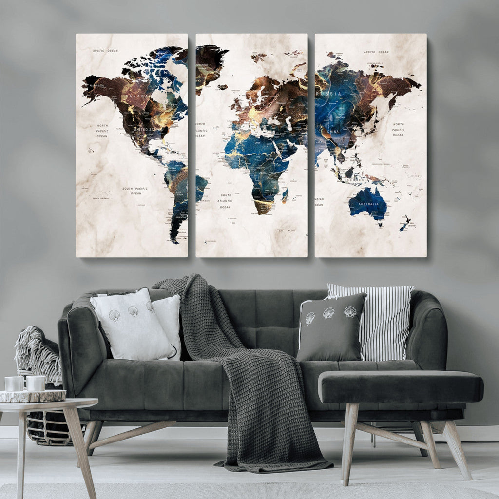 Abstract Earth Tone Blue World Map Canvas Print | Framed Travel Map Wall Art