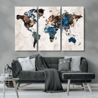 Abstract Earth Tone Blue World Map Canvas Print | Framed Travel Map Wall Art