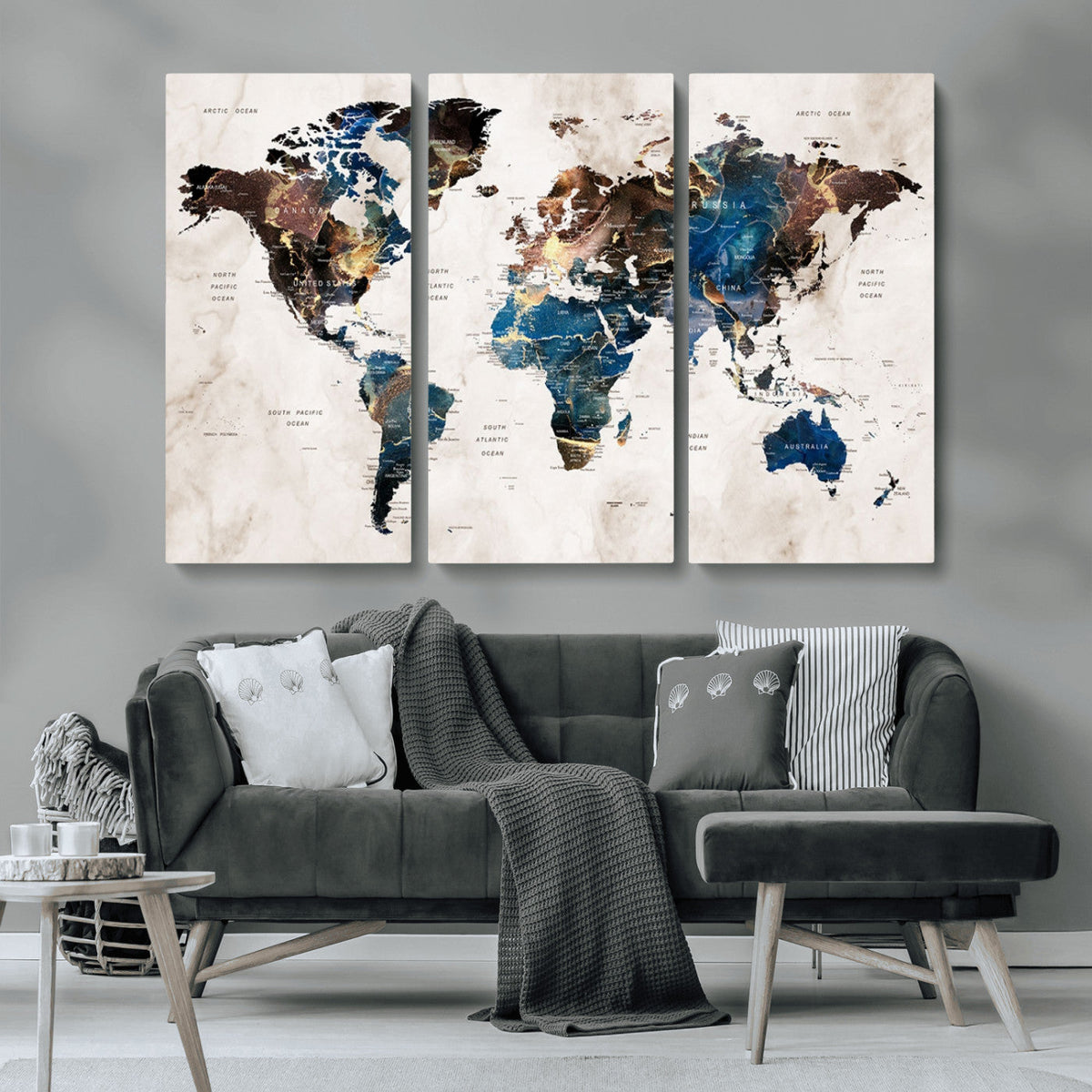 Abstract Earth Tone Blue World Map Canvas Print | Framed Travel Map Wall Art