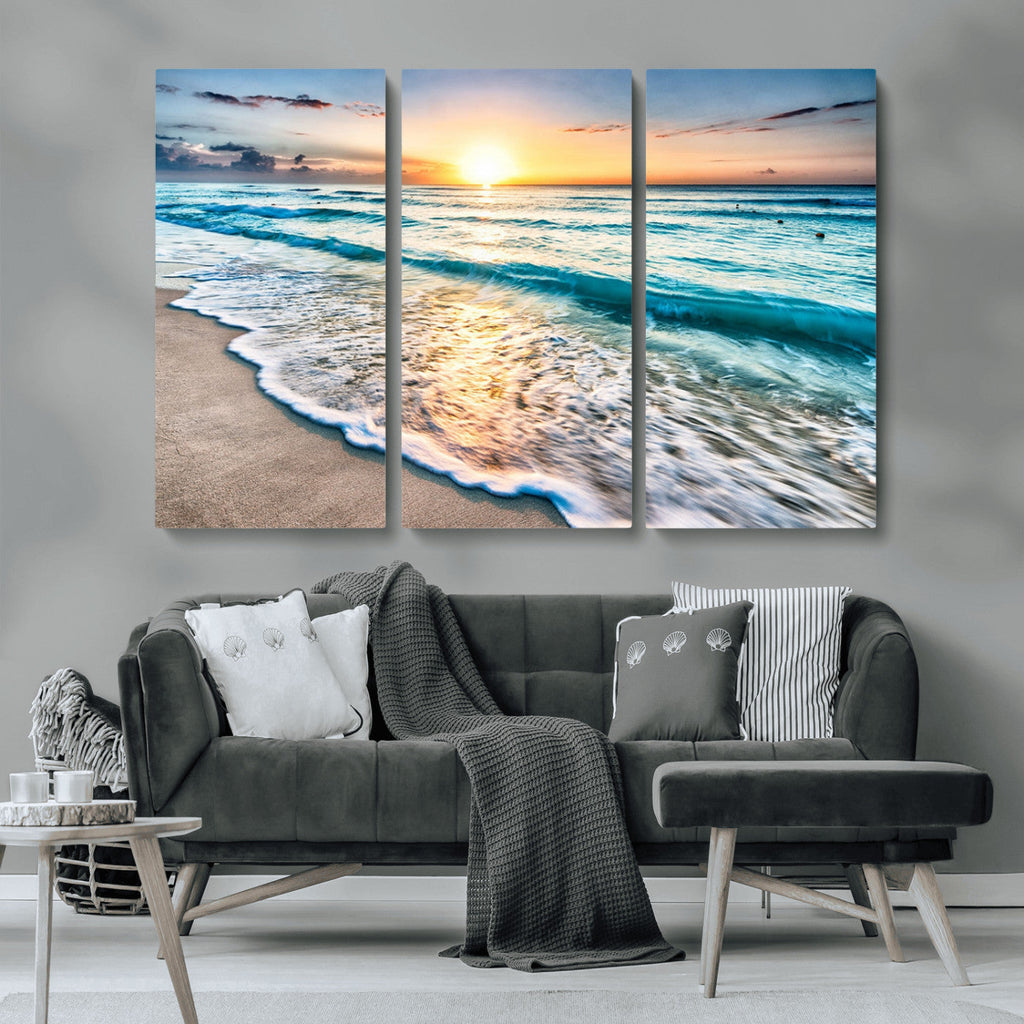 Sunset Beach Waves Canvas Wall Art | Ocean Sunset Coastal Print
