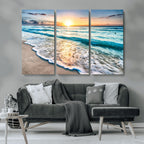 Sunset Beach Waves Canvas Wall Art | Ocean Sunset Coastal Print