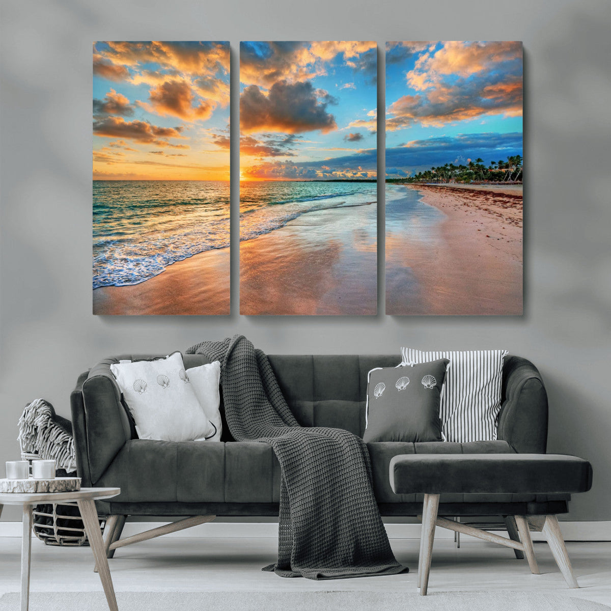 Sunset Beach Canvas Wall Art | Tropical Triptych Seascape Print