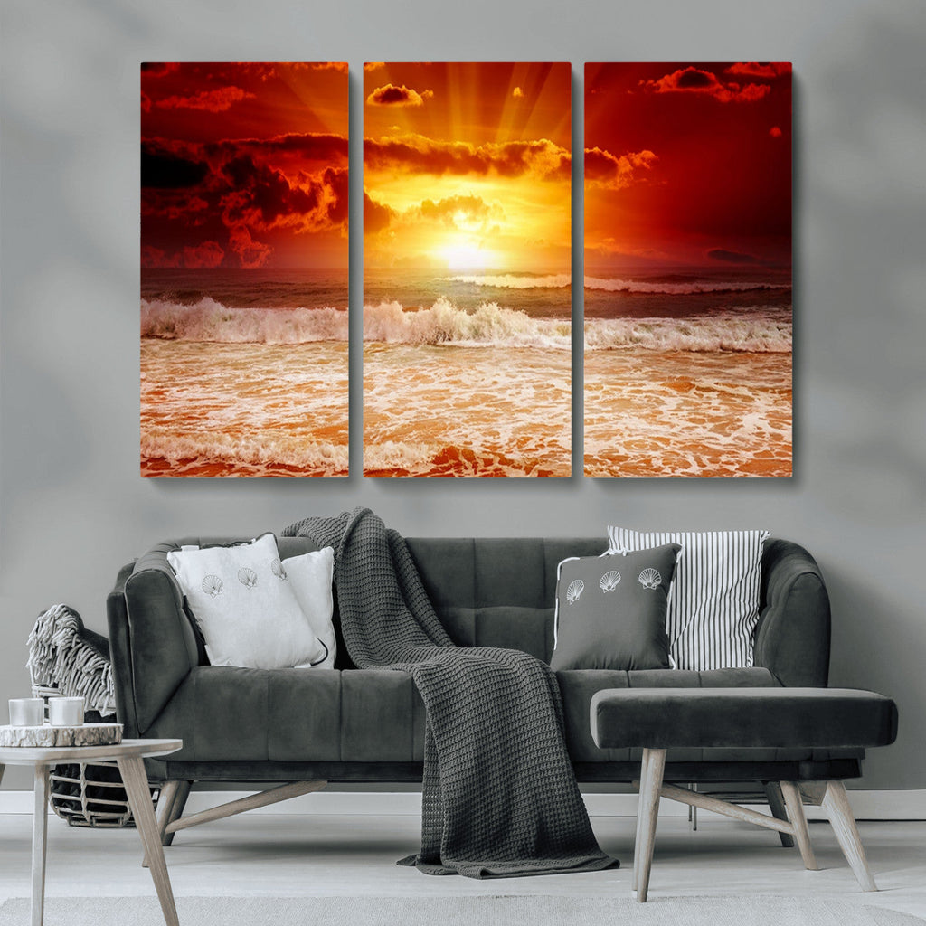 Red Sunset Ocean Beach Canvas Wall Art, Coastal Sunset Print