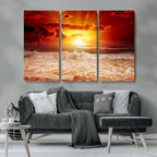 Red Sunset Ocean Beach Canvas Wall Art, Coastal Sunset Print