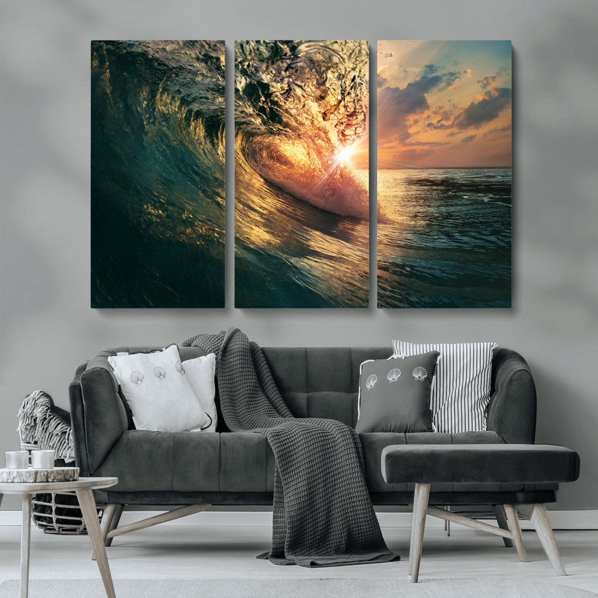 Ocean Wave Sunset Canvas Wall Art | Triptych Seascape Print