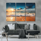 Golden Sunset Beach Triptych Canvas Art, Giclee Coastal Wall Decor, Ocean Waves Print