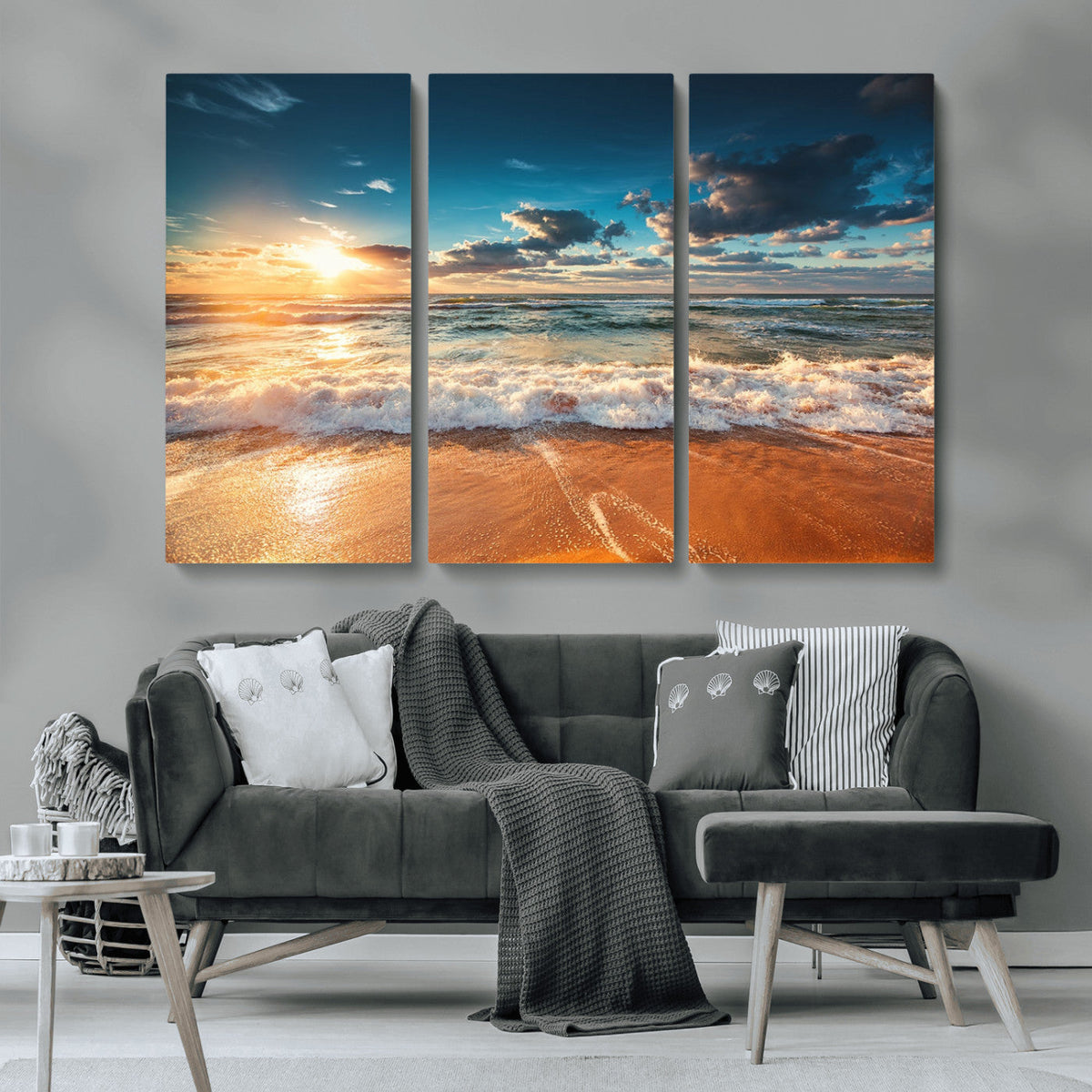 Golden Sunset Beach Triptych Canvas Art, Giclee Coastal Wall Decor, Ocean Waves Print