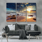 Golden Hour Beach Sunset Canvas Triptych, Ocean Waves and Rocks Wall Art