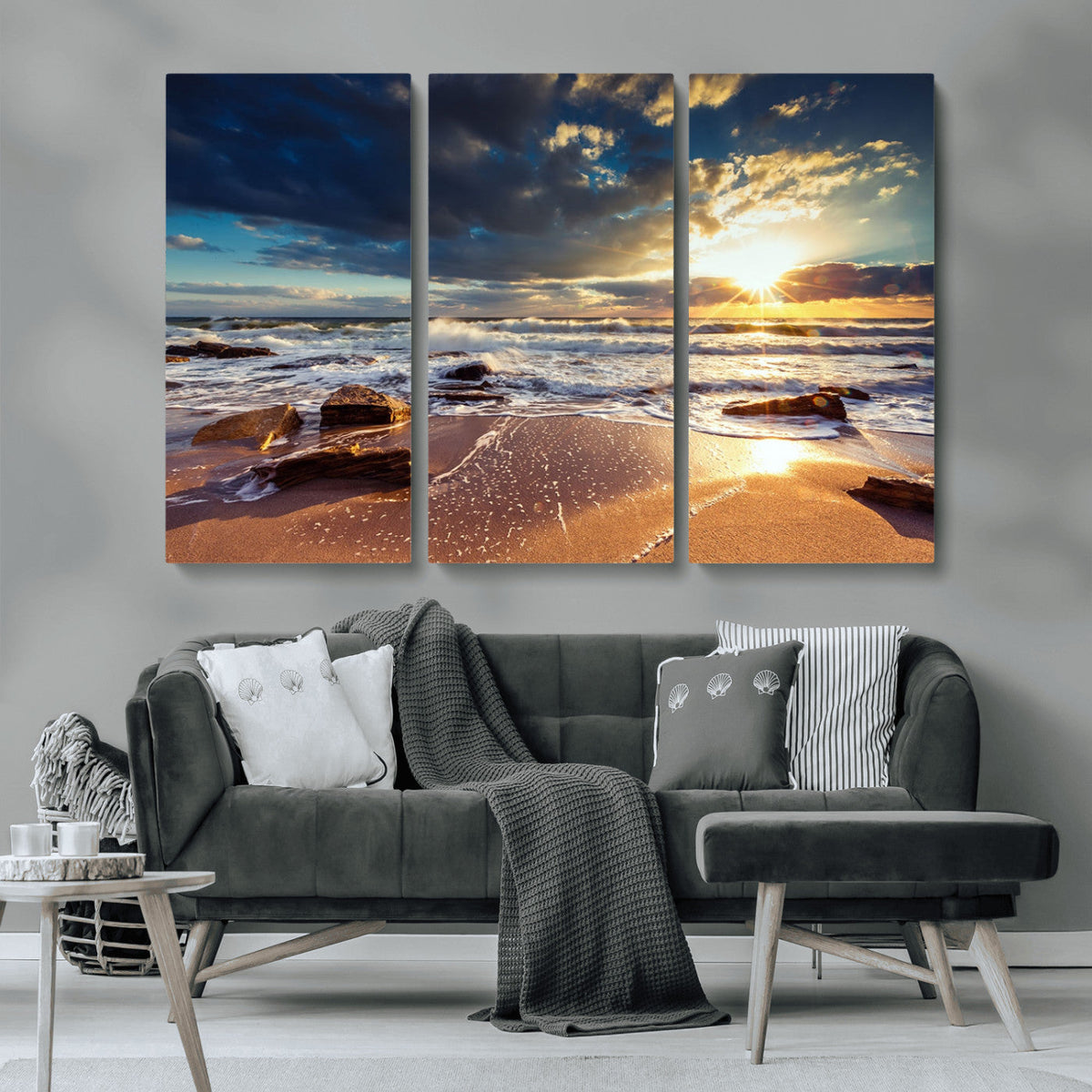 Golden Hour Beach Sunset Canvas Triptych, Ocean Waves and Rocks Wall Art