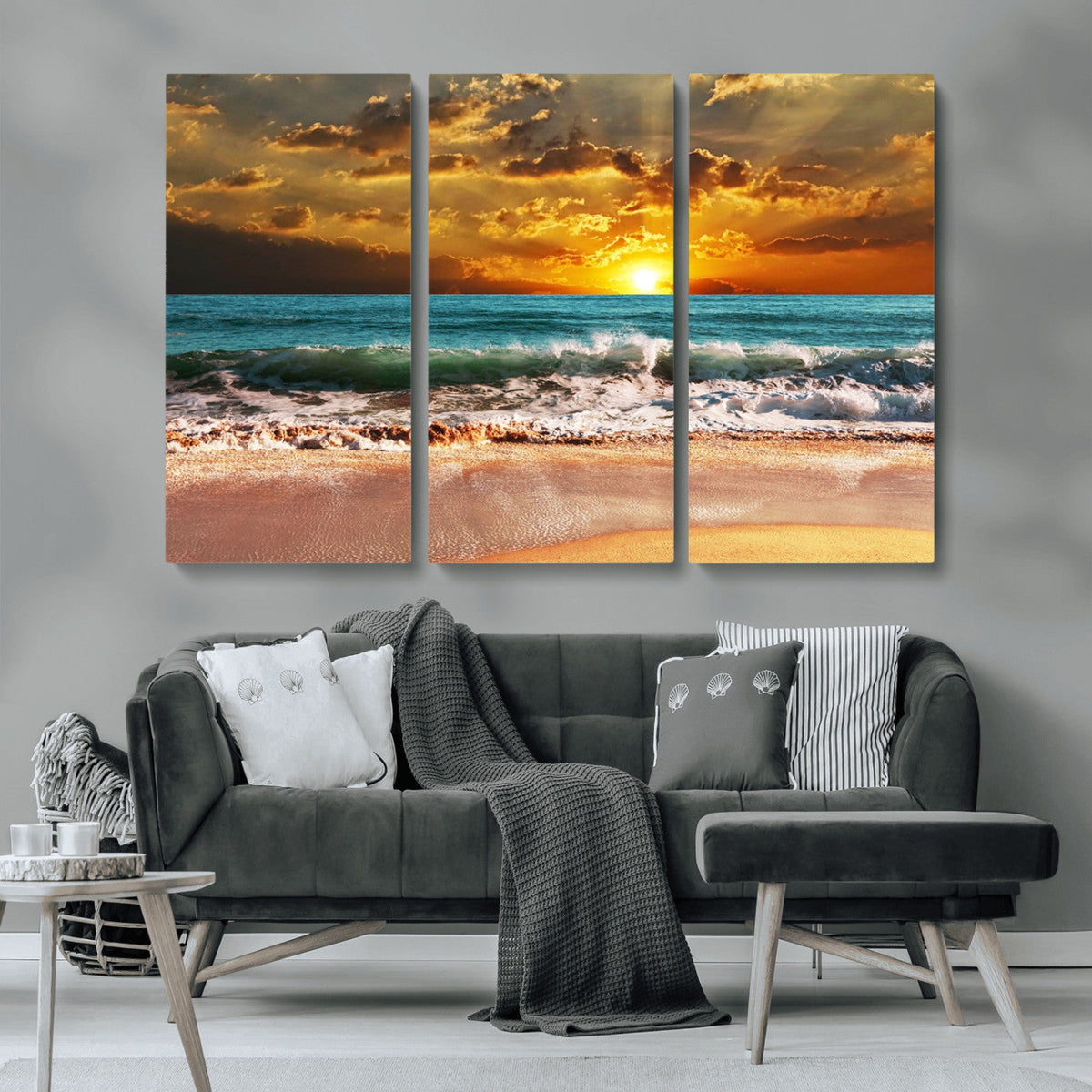Golden Sunset Beach Canvas Wall Art | Triptych Seascape Print, Framed and Ready to Hang