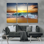 Golden Sunset Ocean Waves Wall Art Canvas Print | Multi Panel Beach Canvas Set, Coastal Triptych