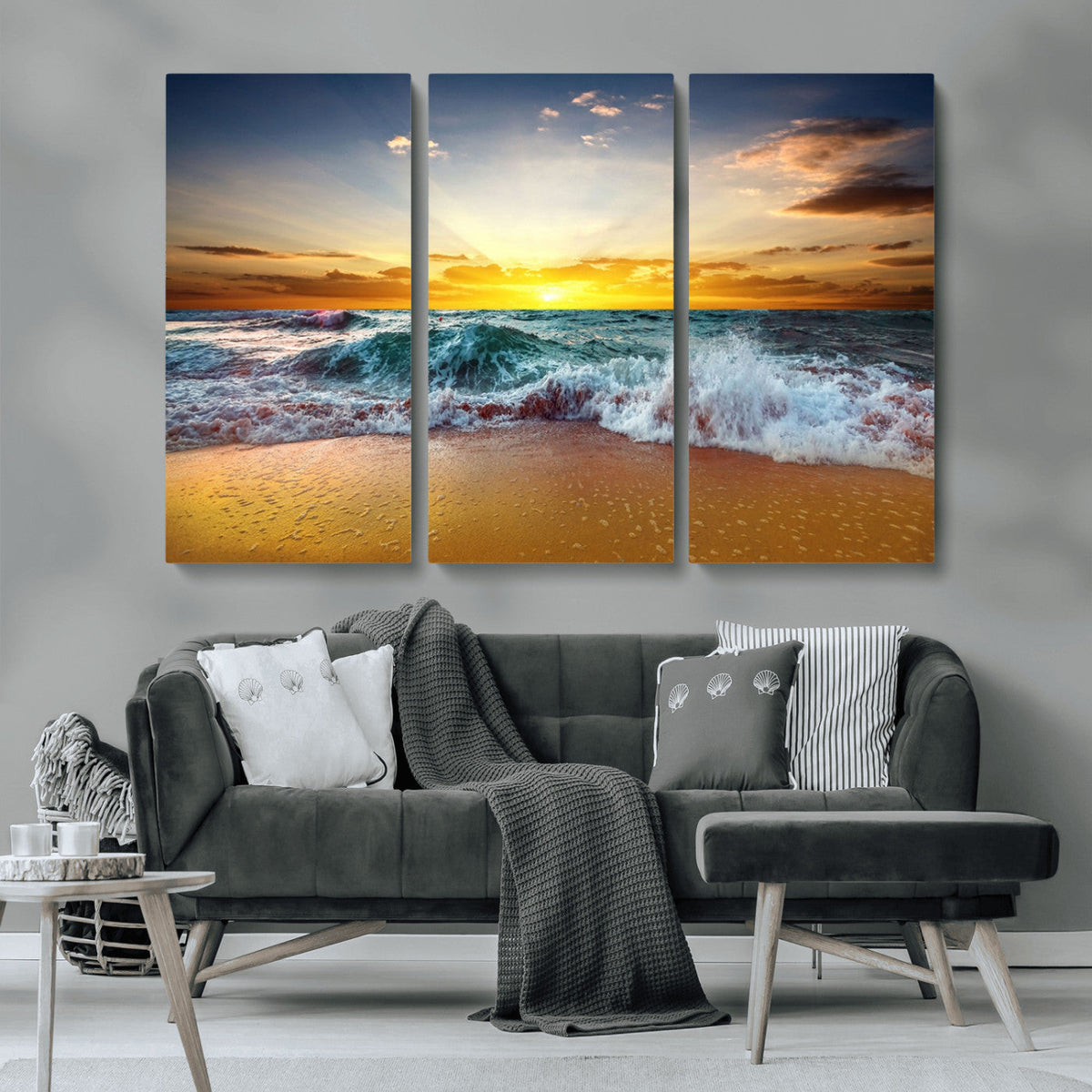 Golden Sunset Ocean Waves Wall Art Canvas Print | Multi Panel Beach Canvas Set, Coastal Triptych