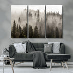 Foggy Mountain Wall Art | 3-Panel Foggy Forest and Mountain Landscape Canvas Print