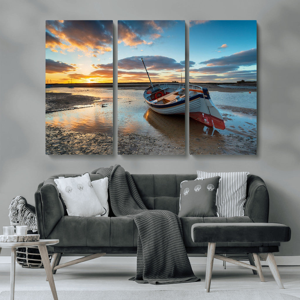 Small Boat At The Beach Sunset Wall Art, Boat Sunset Wall Art Canvas Print