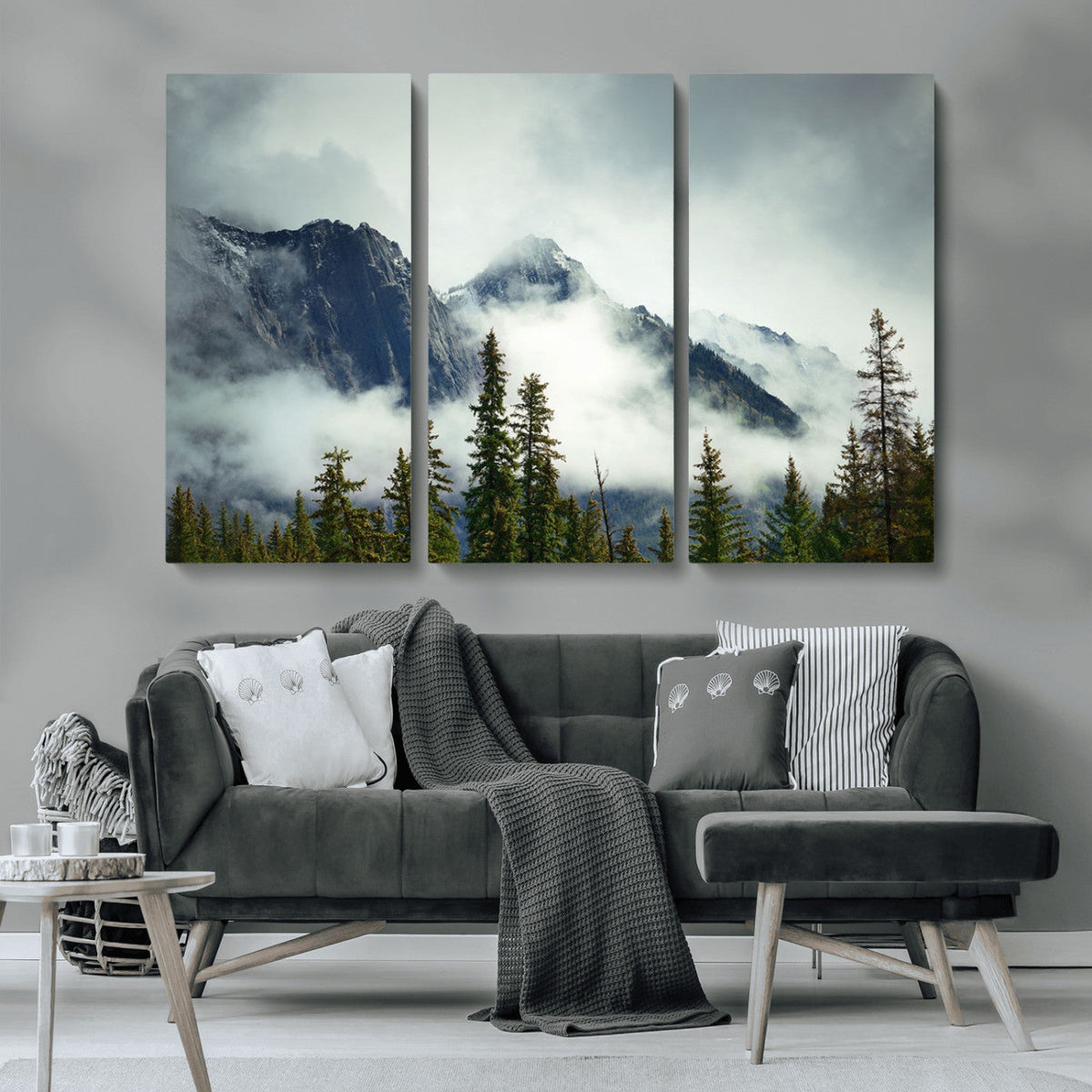 Mountain Mist Canvas Wall Art Print | 3-Panel Foggy Forest and Mountain Landscape