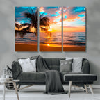 Palm Tree Sunset On The Beach Wall Art Canvas, Framed Palm Tree Sunset Canvas Print