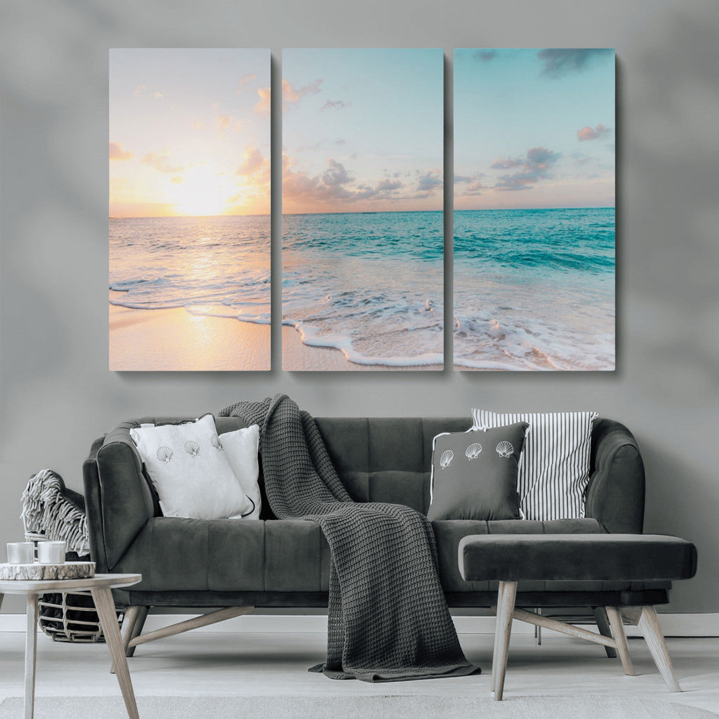 Tranquil Ocean Beach Sunset Canvas Wall Art | 3-Panel Coastal Decor